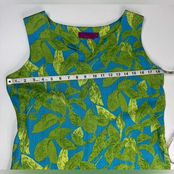 Ivy 100% Linen Sleeveless Leaves 🍃 Pattern Shift Dress Womens Size 6 - Picture 6 of 8